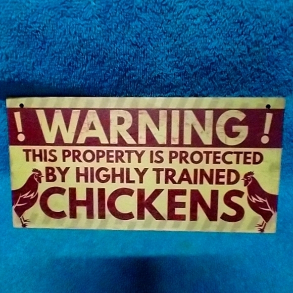 Warning Sign - Protected by Chickens Wood Funny Humorous - Picture 1 of 1